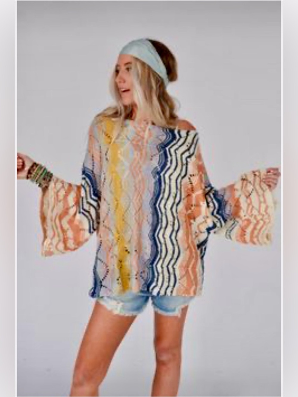 Easel Pastel Beachy Relaxed Open Knit Crochet Top Multicolor Striped